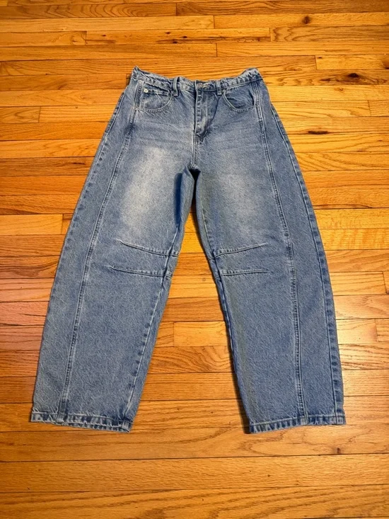 Aaron & Amber High-Rise Barrel Jeans Cotton Sz M Straight denim Wide Medium Wash - Picture 2 of 9